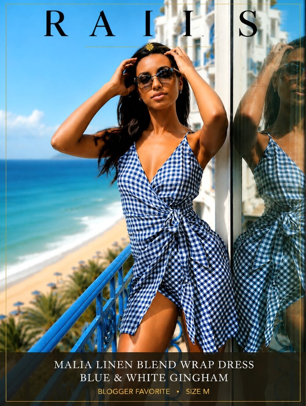 Rails Malia Linen Blend Wrap Dress Blue & White Gingham Blogger Favorite Size M